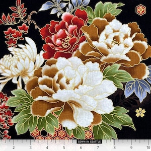 Japanese fabric -- Big floral and traditional kimono patterns with metallic gold highlights on black -- 100% cotton quilting fabric