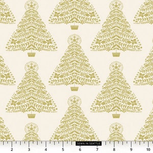 Christmas fabric -- Metallic gold Christmas trees on beige -- 100% cotton quilting fabric