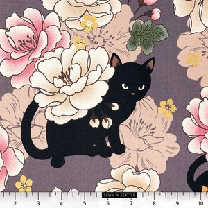 Japanese fabric -- Black cats, peonies, and metallic gold flowers on dark lavendar purple -- 100% cotton quilting fabric