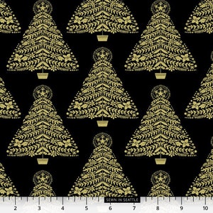 Christmas fabric -- Metallic gold Christmas trees on black -- 100% cotton quilting fabric