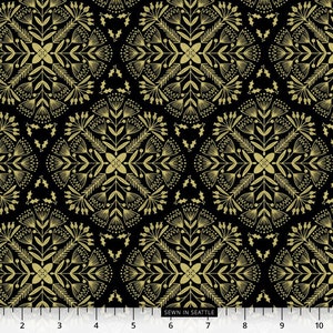 Christmas fabric -- Metallic gold floral snowflakes on black -- 100% cotton quilting fabric
