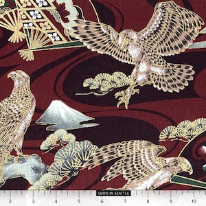 Japanese fabric -- Large falcons, fans and Mt Fuji with metallic gold highlights on windy burgundy background -- 100% cotton quilting fabric