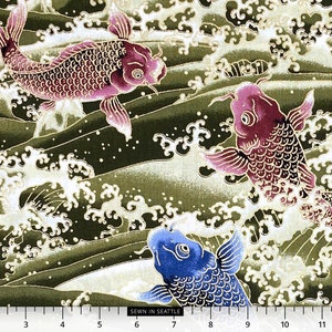 Japanese fabric -- Purple and blue koi fish in crashing waves with metallic gold highlights -- green colorway -- 100% cotton quilting fabric