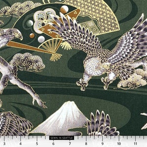 Japanese fabric -- Large falcons, fans and Mt Fuji with metallic gold highlights on windy green background -- 100% cotton quilting fabric