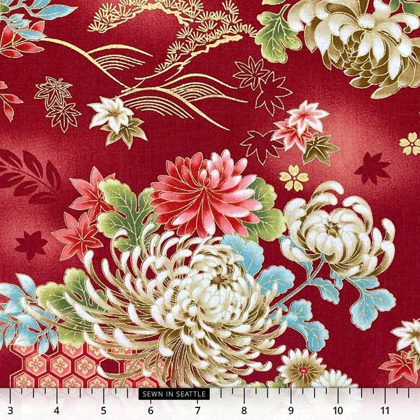 Japanese fabric -- Big floral and traditional kimono patterns with metallic gold highlights on deep red -- 100% cotton quilting fabric