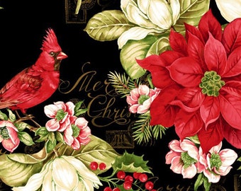 Christmas fabric -- Large red cardinals with poinsettia and holly Christmas bouquets on black -- 100% cotton quilting fabric