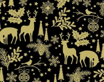 Christmas fabric -- Metallic gold deer and snowflakes on black -- 100% cotton quilting fabric