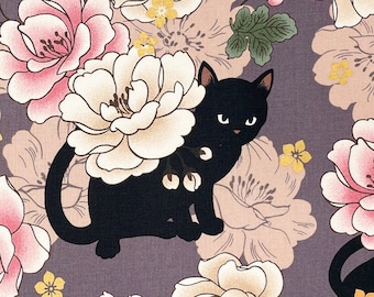 Japanese fabric -- Black cats, peonies, and metallic gold flowers on dark lavendar purple -- 100% cotton quilting fabric