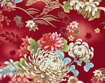 May include: A vibrant red fabric with a Japanese floral design. The pattern features large white and pink chrysanthemums, wisteria, and stylized gold accents. The fabric has a gradient effect and a geometric pattern at the bottom. The text "SEWN IN SEATTLE" is visible.