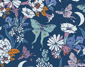 Luna moths, flowers, and cresent moons repeated on blue -- 100% cotton quilting fabric