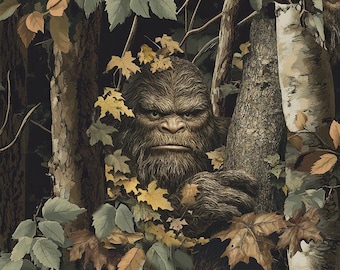 Bigfoot fabric -- Bigfoot faces peering out from the trees -- 100% cotton quilting fabric