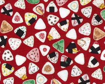 Japanese fabric -- Onigiri sushi tossed on red -- 100% cotton quilting fabric