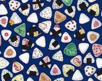 Japanese fabric -- Onigiri sushi tossed on indigo blue -- 100% cotton quilting fabric