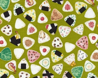Japanese fabric -- Onigiri sushi tossed on pea green -- 100% cotton quilting fabric