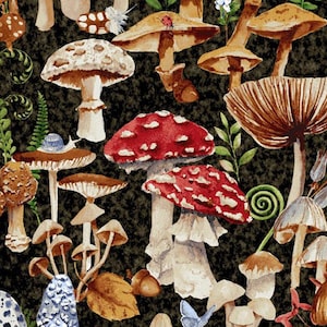 Mushroom fabric -- Variety of large mushrooms packed on mottle black/gray background -- 100% cotton quilting fabric
