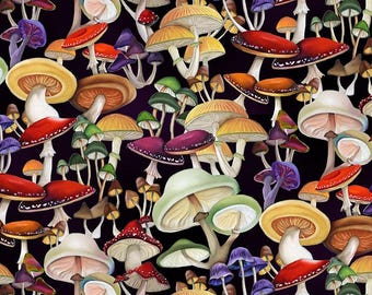 Mushroom fabric -- Variety of colorful mushrooms packed on black background -- 100% cotton quilting fabric