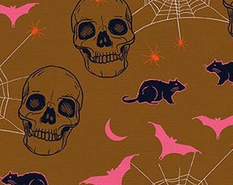 Halloween fabric -- Skulls, bats, rats and spider webs on brown -- 100% cotton quilting fabric