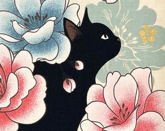 Japanese fabric -- Black cats, peonies, and metallic gold flowers on cream -- 100% cotton quilting fabric by the yard