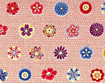 Japanese DOBBY fabric -- Coloful flower crests on dotted, light pink textured cotton -- 100% cotton dobby fabric