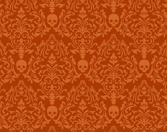 May include: Orange fabric with a repeating pattern of white skulls and a damask design. The fabric has the text "SEWN IN SEATTLE" printed on the bottom.