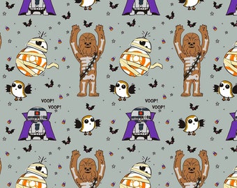 Star Wars Halloween fabric -- Vampire R2D2, mummy BB-8, and skeleton Chewbacca on gray -- 100% cotton quilting fabric