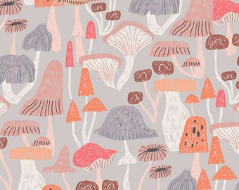 Paddenstoelenstof -- medley van handgetekende paddenstoelen op mistgrijs -- 100% katoenen quiltstof