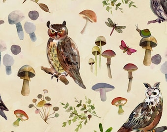 Mushroom fabric -- Mushrooms, owls, and small forest critters repeated on beige -- 100% cotton quilting fabric