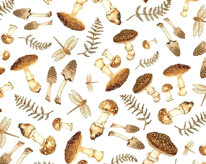 Mushroom Fabric Spotted Brown Mushrooms, Fern Fronds, and Dragonflies