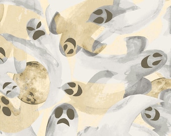 Halloween fabric -- Ghosts and moons packed on pale yellow/ecru -- 100% cotton quilting fabric