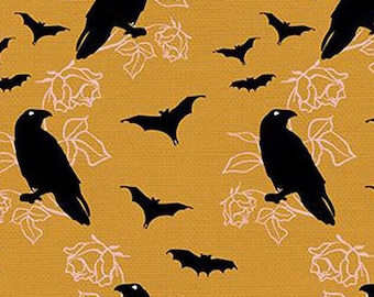 Halloween fabric -- Crows and bats repeated on gold/dark yellow -- 100% cotton quilting fabric