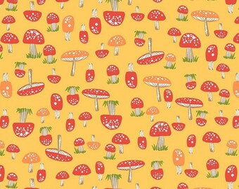 Mushroom fabric -- Spotted red and orange mushrooms on yellow -- 100% cotton quilting fabric