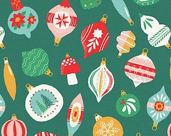 Christmas fabric -- Christmas tree ornaments packed on green -- 100% cotton quilting fabric