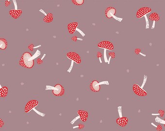 Tecido cogumelo - Pequenos cogumelos vermelhos manchados espalhados em cinza-púrpura - tecido quilting 100% algodão