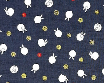 Japanese fabric -- Small bunnies and mini red and metallic gold flowers repeated on navy blue -- 100% cotton quilting fabric