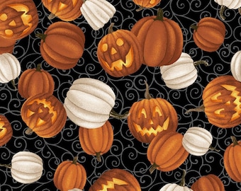 Halloween fabric -- Orange and white pumpkins and jack-o-lanterns on swirly black -- 100% quilting cotton fabric by the yard