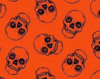 Halloween fabric -- Black skulls on orange -- 100% cotton quilting fabric