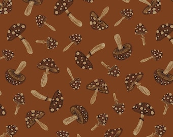 Mushroom fabric -- Spotted brown mushrooms tossed on reddish brown -- 100% cotton quilting fabric