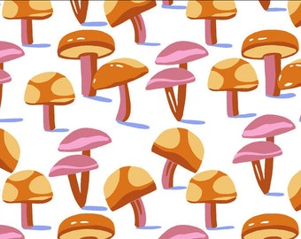 Paddenstoelstof -- Oranje en donkerpaarse paddenstoelen herhaald op wit -- 100% katoenen quiltstof