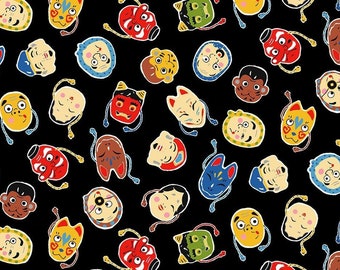 Tela japonesa - Máscaras japonesas tradicionales sobre fondo negro - Tela para acolchado 100 % algodón