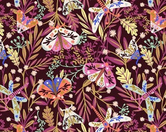 Cotton + Steel fabric -- Colorful, patterned moths on purple/brown foliage with dark brown background -- 100% cotton quilting fabric