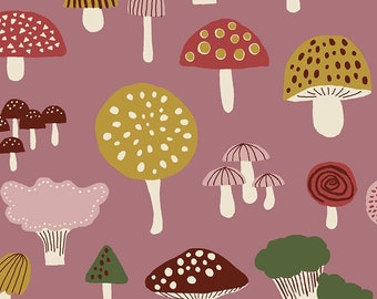 Japanese fabric -- OXFORD -- Many mushrooms repeated on dark pink/mauve cotton oxford -- 100% cotton oxford fabric