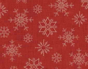 Tissu de Noël -- Flocons de neige naturels/tan sur fond rouge texturé -- Tissu matelassé 100 % coton