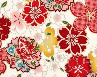 Japanese fabric -- Red, pink, white, and yellow cherry blossoms (sakura) packed on white -- 100% cotton quilting fabric