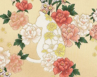 Japanese fabric -- White cat silhouettes with peonies and daffodils  and metallic gold flowers on light peach -- 100% cotton quilting fabric