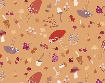 Mushroom fabric -- Mushrooms, leaves, and snails in autumn colors tossed on sandstone orange/brown -- 100% cotton quilting fabric