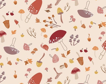 Mushroom fabric -- Mushrooms, leaves, and snails in autumn colors tossed on biege -- 100% cotton quilting fabric