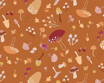 Mushroom fabric -- Mushrooms, leaves, and snails in autumn colors tossed on cinnamon brown -- 100% cotton quilting fabric