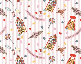 HARRY POTTER fabric -- Candy from Hogsmeade's shop Honeydukes repeated on pink and white stripes -- 100% cotton quilting fabric