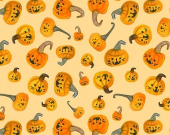 Halloween-tyg -- Katt med pumpalykta på gult -- 100 % bomullsquilttyg