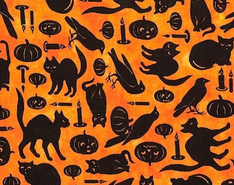 Halloween fabric -- Black cats, ravens, Jack-O'-Lanterns, and candles on mottled orange -- 100% cotton quilting fabric